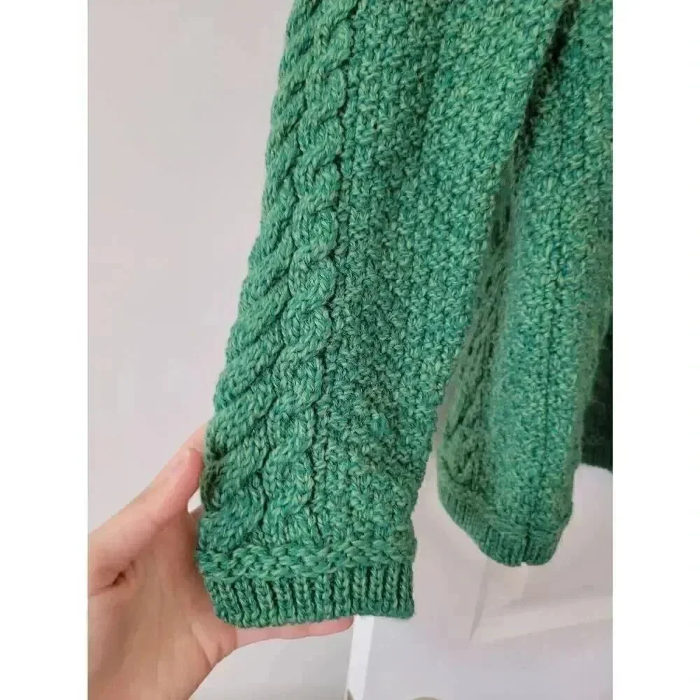 Irelandseye knitwear Primrose A-Line Cable Round Neck Sweater Green Marl L NWT $